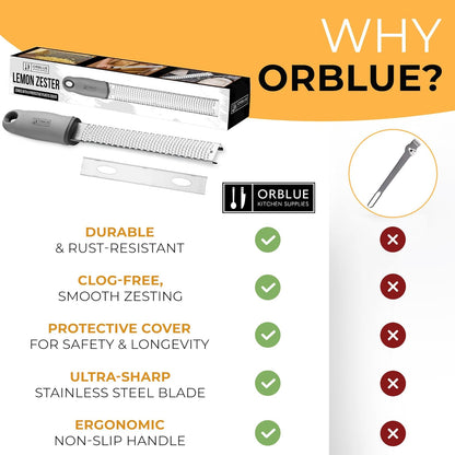 Orblue Lemon Zester & Cheese Grater - Premium Citrus Zester, Kitchen Grater for Parmesan, Chocolate, Fruits, Vegetables, Ginger, Garlic, Nutmeg - Stainless Steel Blades with Protective Cover, Black