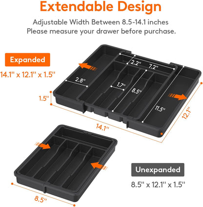 Lifewit Silverware Drawer Organizer, Expandable Utensil Tray for Kitchen, BPA Free Flatware and Cutlery Holder, Adjustable Plastic Storage for Spoons Forks Knives, 11-18 x 14", Black