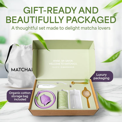 Matcha Whisk Set With Ceramic Matcha Bowl, Bamboo Whisk & Holder, Stainless Steel Spoon & Sifter, Glass Cup & Straw, Electric Frother, Storage Bag - Gift for Matcha Lovers (Premium 9-Piece Set White)