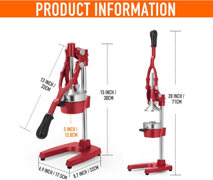 Commercial Heavy Duty Countertop Hand Press Manual Juicer Squeezer Fruit Crusher Machine for Orange Citrus Lemon Lime Grapefruit and Pomegranate Red