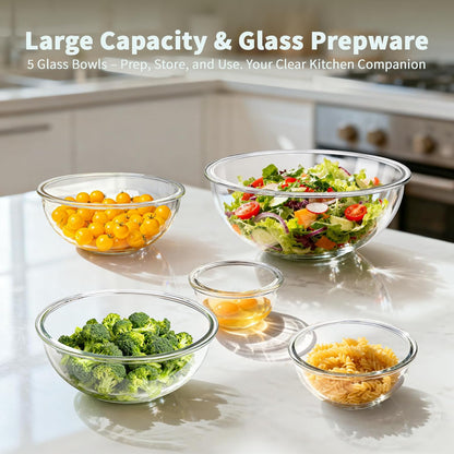 WhiteRhino Glass Mixing Bowls Glass Bowls with Lids Set(4.5QT,2.7QT, 1.1QT),Large Salad Bowls,glass mixing bowl Space-Saving Nesting Storage bowls for Cooking,Baking,Prepping,Dishwasher Safe