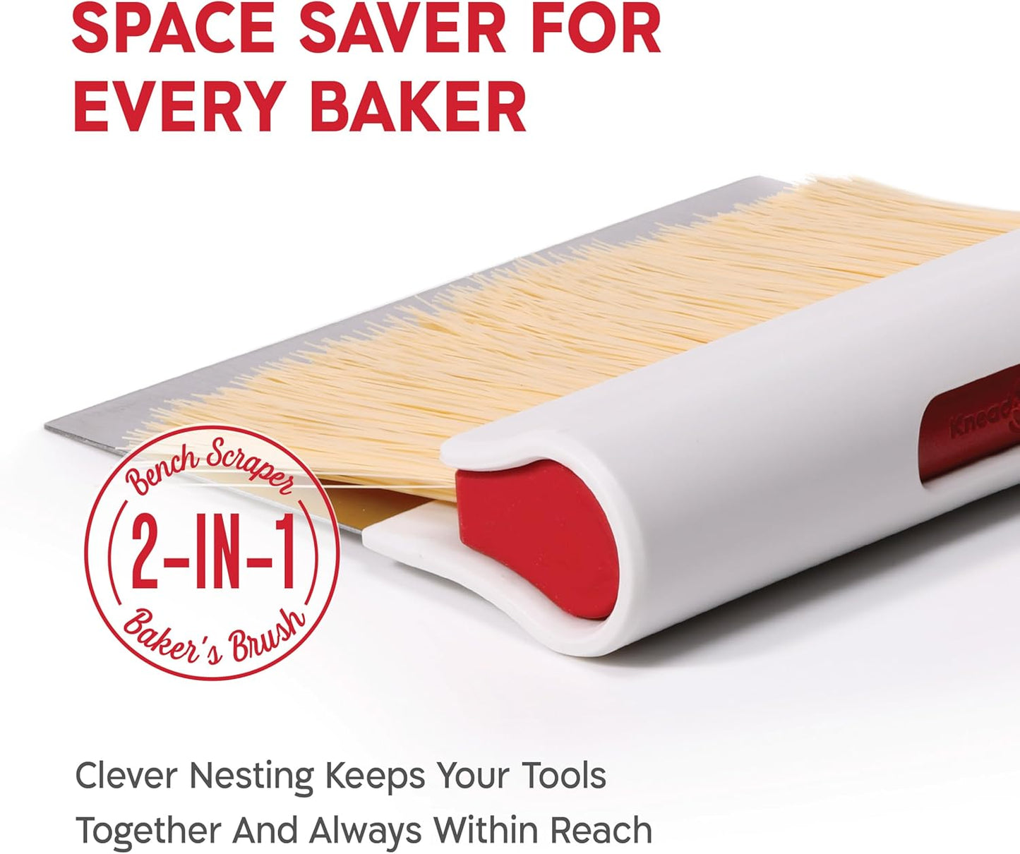 KneadAce Dough Scraper & Baker’s Brush Set. Stainless Steel Bench Scraper & Flour Cleaning Brush. Kitchen Tool for Pastry, Sourdough and Baking Prep Bread Dough Cutter, Gift For Bakers (White/Red)