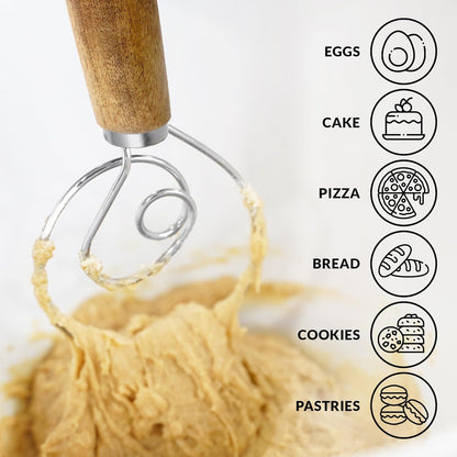 Zulay Kitchen 13-Inch Danish Dough Whisk - Stainless Steel Wooden Whisk with Dough Hook - Sourdough Whisk for Bread, Pizza, Pastry, Cake Batter & More - Wood