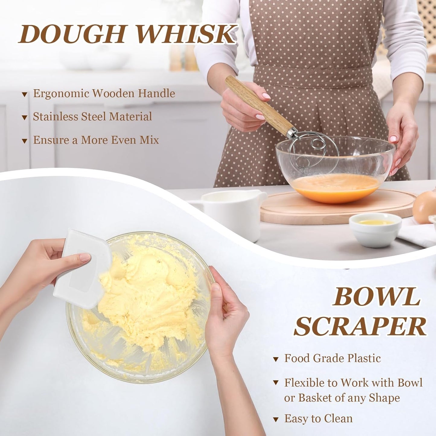 Banneton Bread Proofing Basket Set of 2, 9 Inch Round Sourdough Proofing Basket, Sourdough Starter Kit, Sourdough Bread Baking Supplies with Dough Scraper, Danish Dough Whisk, Bread Lame, Bowl Scraper