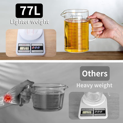 77L Glass Measuring Cup, [Insulated handle, V-Shaped Spout], High Borosilicate Glass Measuring Cup for Kitchen or Restaurant, Easy To Read, 500 ML (0.5 Liter, 2 Cup)