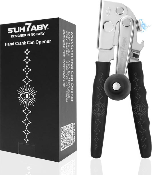 Manual Can Opener with Magnet, Heavy Duty Hand Can and Bottle Opener with Stainless Steel Blade and Rubber Grip, Smooth Cutting Hand Can Openers for Senior, Magnetic Lid Remover Kitchen Tool (Black)