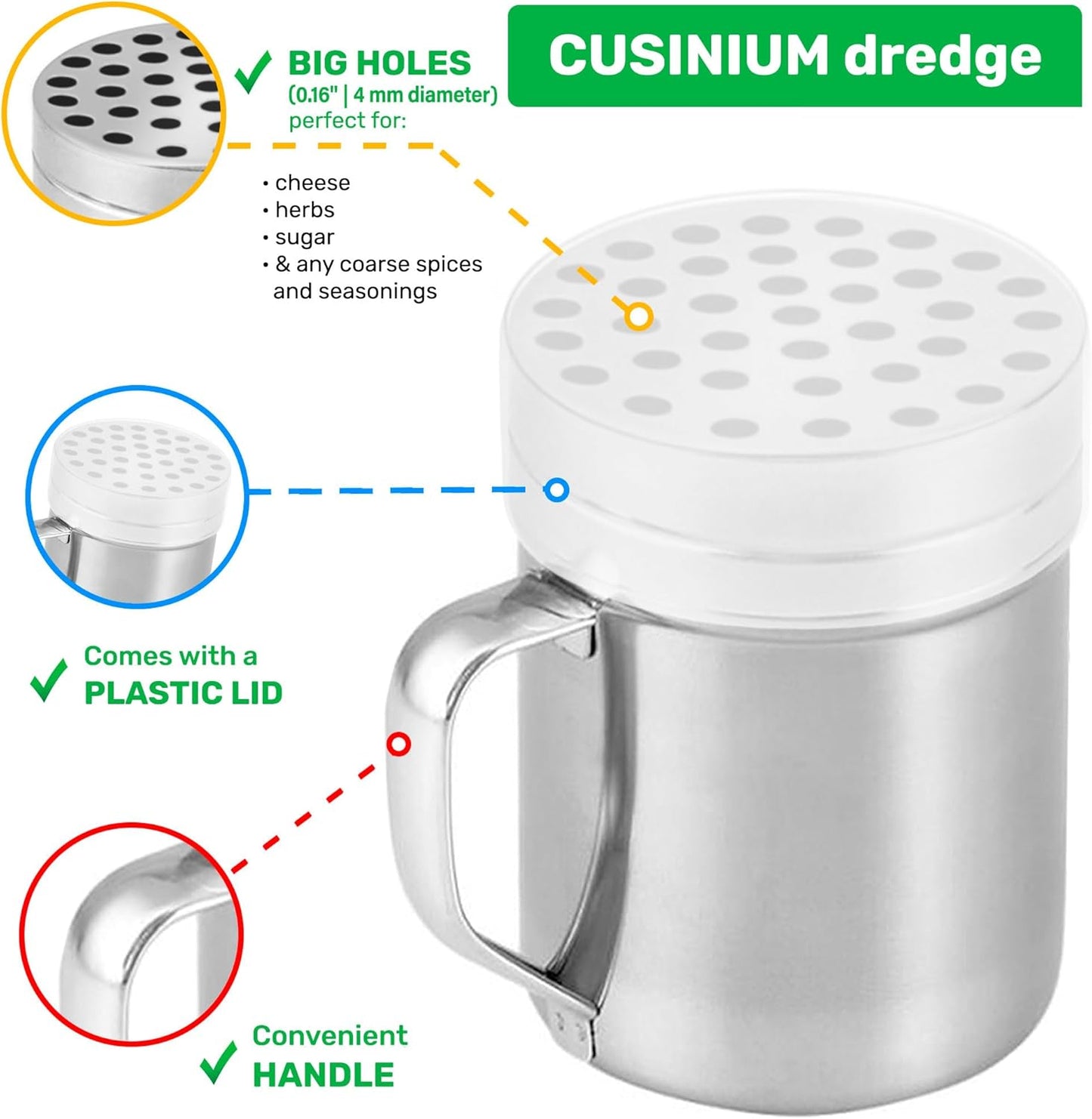 CUSINIUM 14oz Metal Parmesan Cheese Shaker with Large Holes - With Handle - Chili Flakes Dispensers - Pizza Shaker | Style: Coarse