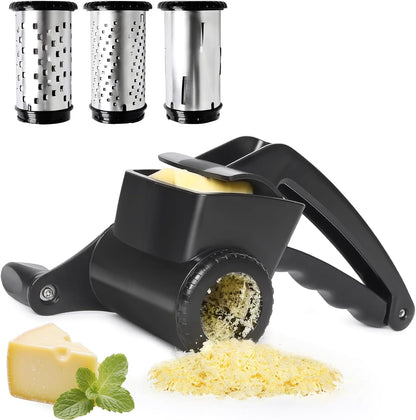 LHS Cheese Grater Hand Crank Set of 3, Rotary Cheese Grater Parmesan Cheese Shredder Handheld for Grating and Shredding Hard Cheese, Chocolate, （3 in 1,Black)