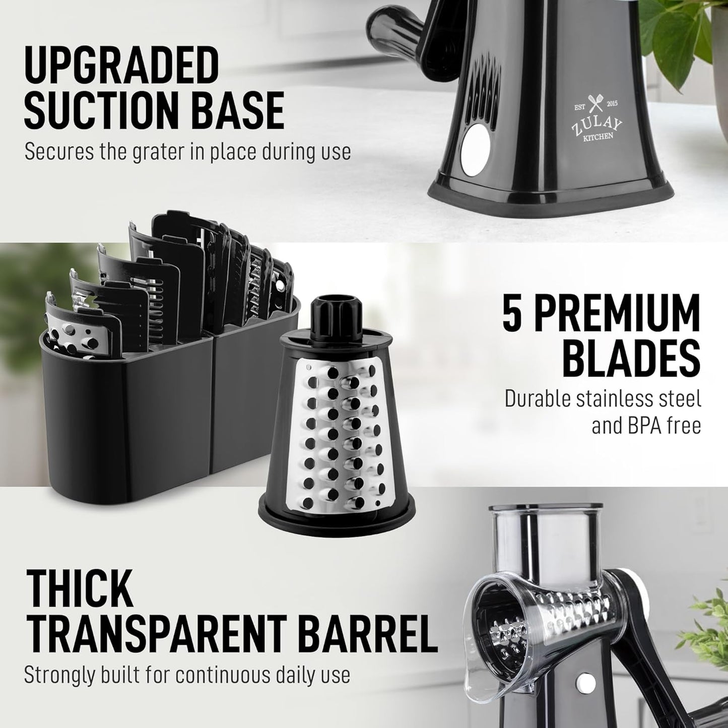 Zulay Kitchen Rotary Cheese Grater 5 Blade Cheese Shredder - Manual Hand Crank Cheese Grater With Reinforced Suction & 5 Interchangeable Drums - Easy to Use, Vegetable Chopper Round Mandoline Slicer - Colors A