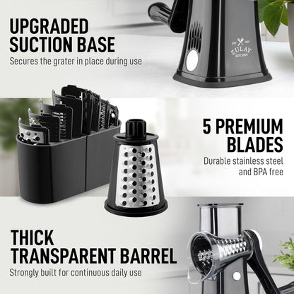 Zulay Kitchen Rotary Cheese Grater 5 Blade Cheese Shredder - Manual Hand Crank Cheese Grater With Reinforced Suction & 5 Interchangeable Drums - Easy to Use, Vegetable Chopper Round Mandoline Slicer - Colors A