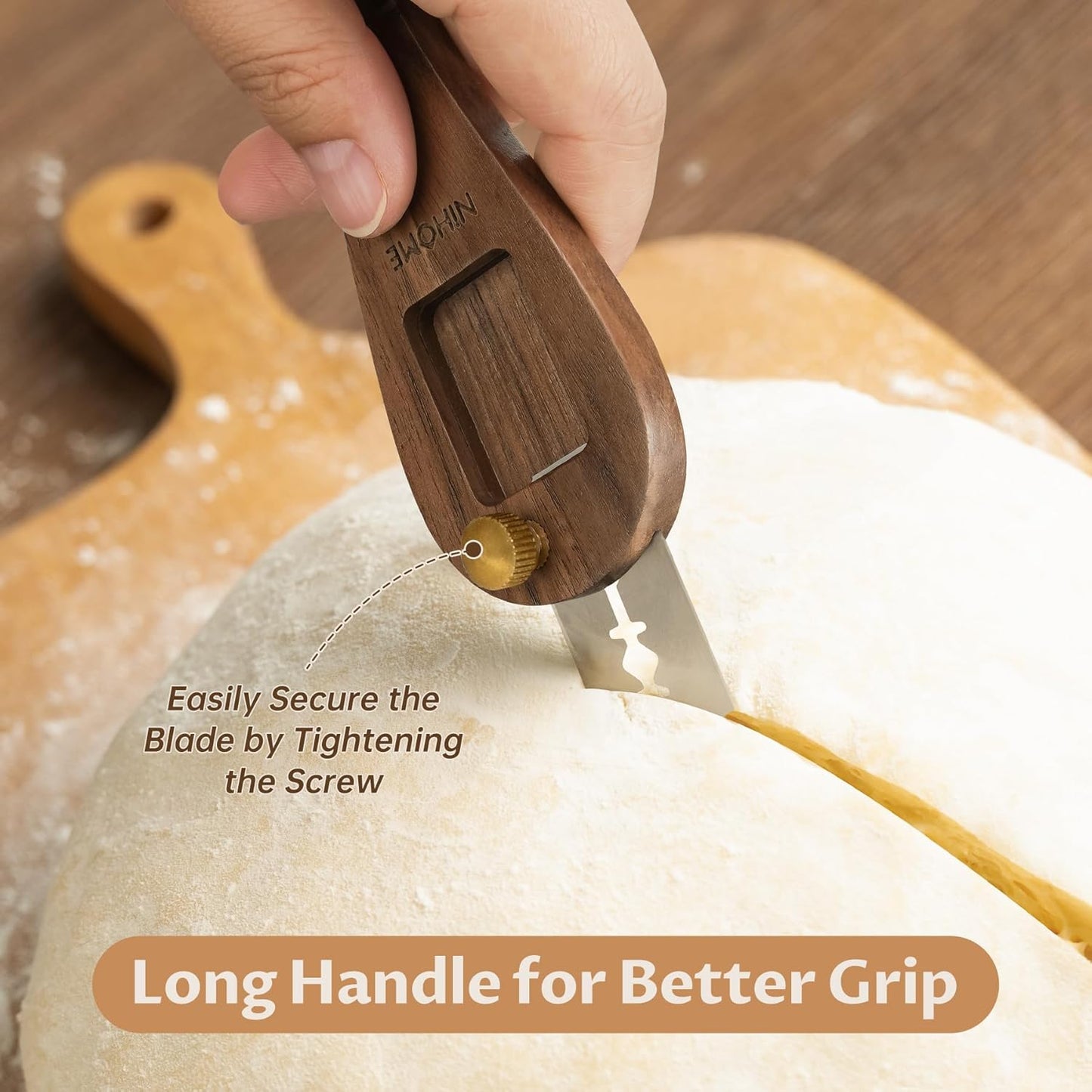 NiHome Bread Lame with Extractable Blade and Magnetic Back, Push-Pull Design for Secure Blade Locking, Easy-to-Use Walnut Wood Handle, Perfect for Dough Scoring, Bread, Pastries, and Food Cutting