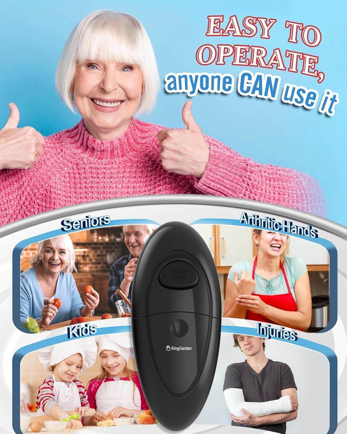 Electric Can Opener, Automatic Hands-Free One Touch, Smooth Edge Safety Cut, Battery Operated, Easy Open for Seniors, Arthritis Friendly, Compact Kitchen Tool Fits Most Can Sizes (Black)
