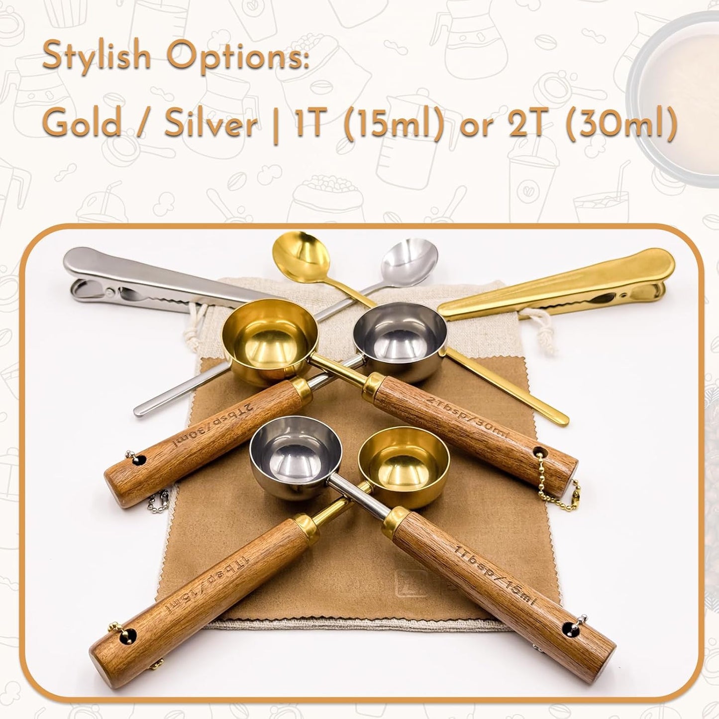 Coffee Scoop with Wooden Handle, 1 Tablespoon/ 15 ml, 304 Stainless Steel Measuring Spoon for Ground Coffee, Espresso, Tea, Protein Powder, Spices (6 Pack)