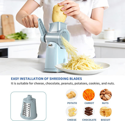 Rotary Cheese Grater with Handle - Compact Multi-Function Vegetable Shredder with 5 Sharp Blades & Strong Suction Base, Easy to Use Round Mandoline Slicer for Kitchen, Cooking, Camping & Travel