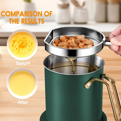 Chihee Grease Container Stainless Steel Bacon Grease Saver with Fine Mesh Strainer 2L / 67.6 fl oz Cooking Oil Keeper Stoarge Can with Dust-proof Lid Non-slip Tray for Kitchen Frying