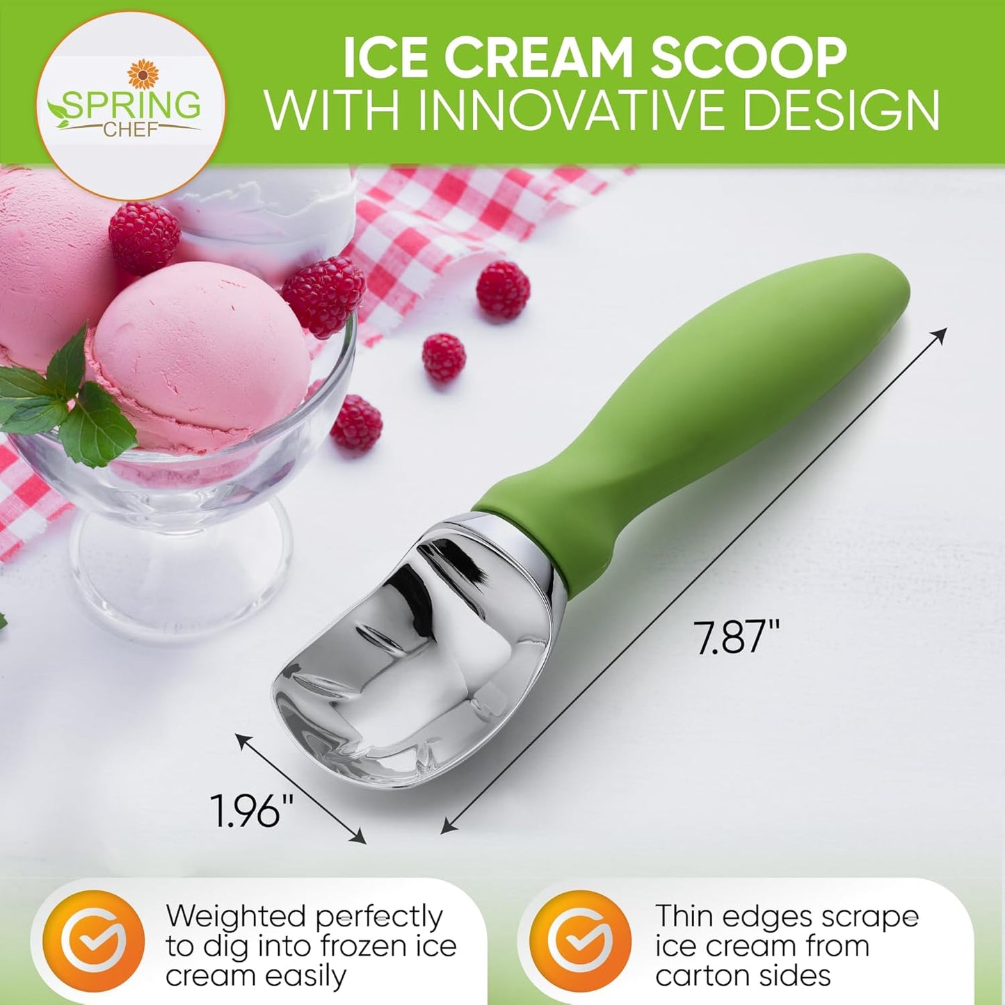 Spring Chef Heavy Duty Ice Cream Scoop with Comfortable Handle - Professional Ice Cream Scooper for Gelato, Sorbet, Cookie Dough, Melon, Frozen Yogurt - Dishwasher Safe Metal Kitchen Tool - Black