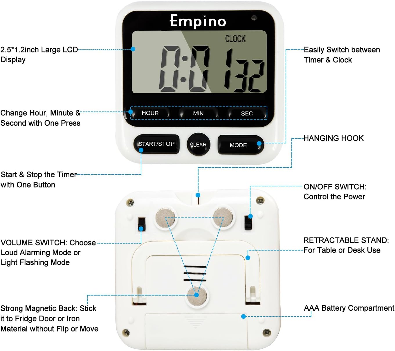 Digital Kitchen Timer - Empino Upgraded 24-Hours Cooking Timer Clock Countdown Multifunction with Big Digits, Loud Alarm, Magnetic Backing Stand, and Memory for Cooking Baking Exercise, White