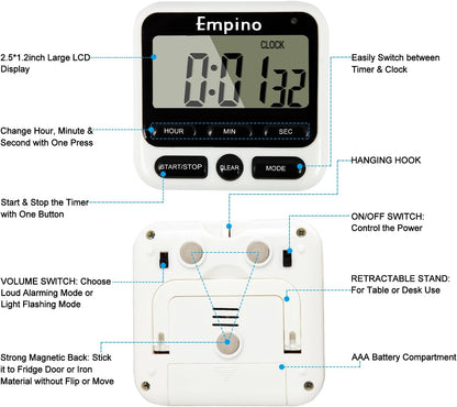 Digital Kitchen Timer - Empino Upgraded 24-Hours Cooking Timer Clock Countdown Multifunction with Big Digits, Loud Alarm, Magnetic Backing Stand, and Memory for Cooking Baking Exercise, White