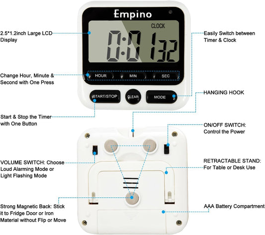 Digital Kitchen Timer - Empino Upgraded 24-Hours Cooking Timer Clock Countdown Multifunction with Big Digits, Loud Alarm, Magnetic Backing Stand, and Memory for Cooking Baking Exercise, White