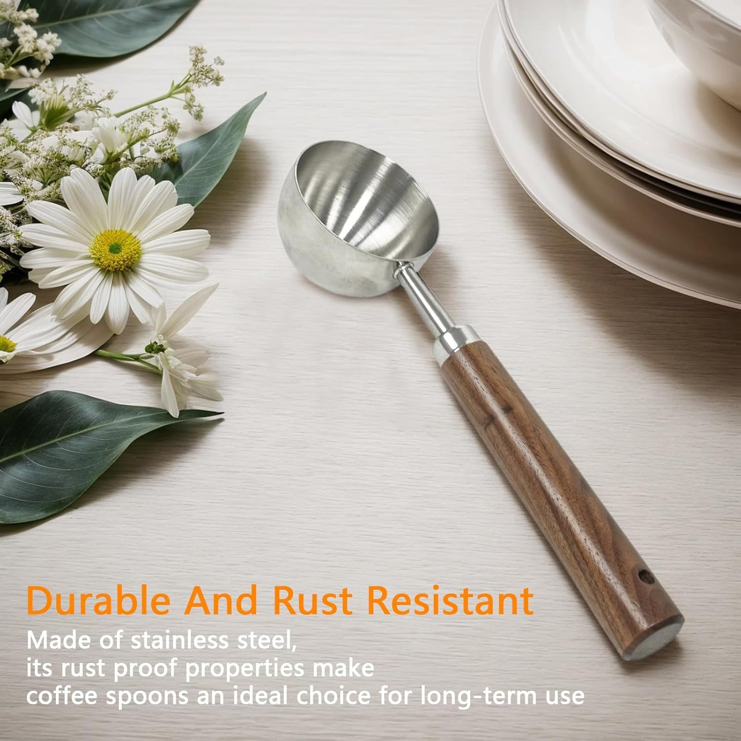 Stainless Steel Coffee Scoop with Walnut Handle - 2 Tablespoon Metal Measuring Spoon for ground Coffee, Espresso, Bath Salts, Formula - Durable Multi-Purpose Scooper (Silvery)