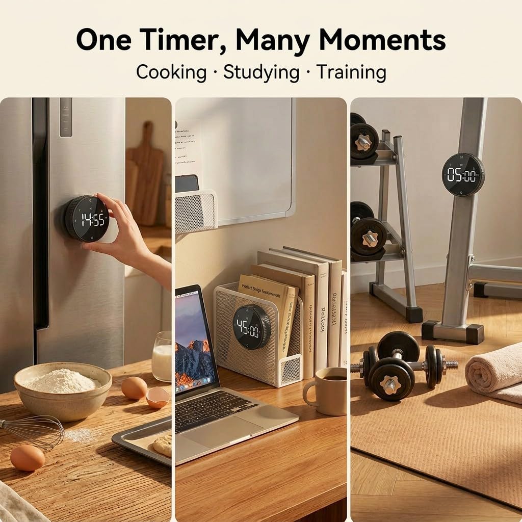 Rechargeable Magnetic Kitchen Timer, LED Countdown/Count-Up Timer, Supports USB-C Charging, with Loud Alarm, 3 Preset Quick Times (5/15/25m), Perfect for Kitchen Cooking, Studying, and Fitness