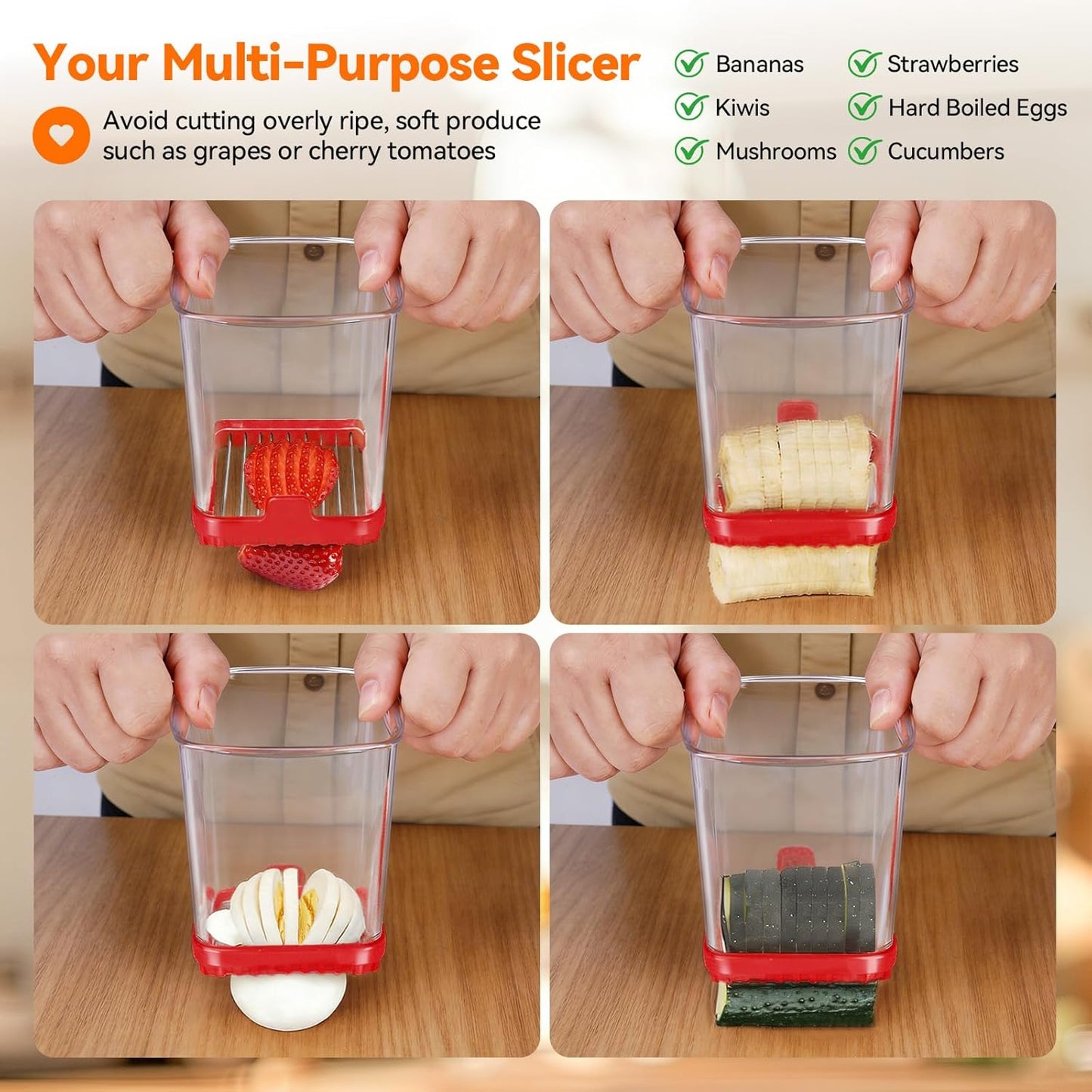 Fruit Slicer Cup for Strawberry, Banana, Hard-Boiled Egg - Detachable Cutter with Push Plate - 304 Stainless Steel Blade - Rapid & Safe Slicing Kitchen Gadget for Quick Meal Prep (Black)