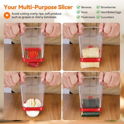 Fruit Slicer Cup for Strawberry, Banana, Hard-Boiled Egg - Detachable Cutter with Push Plate - 304 Stainless Steel Blade - Rapid & Safe Slicing Kitchen Gadget for Quick Meal Prep (Black)
