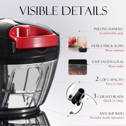 Ourokhome Manual Food Processor Vegetable Chopper, Portable Hand Pull String Garlic Mincer Onion Cutter for Veggies, Ginger, Fruits, Nuts, Herbs, etc., 500ml, Deep Blue