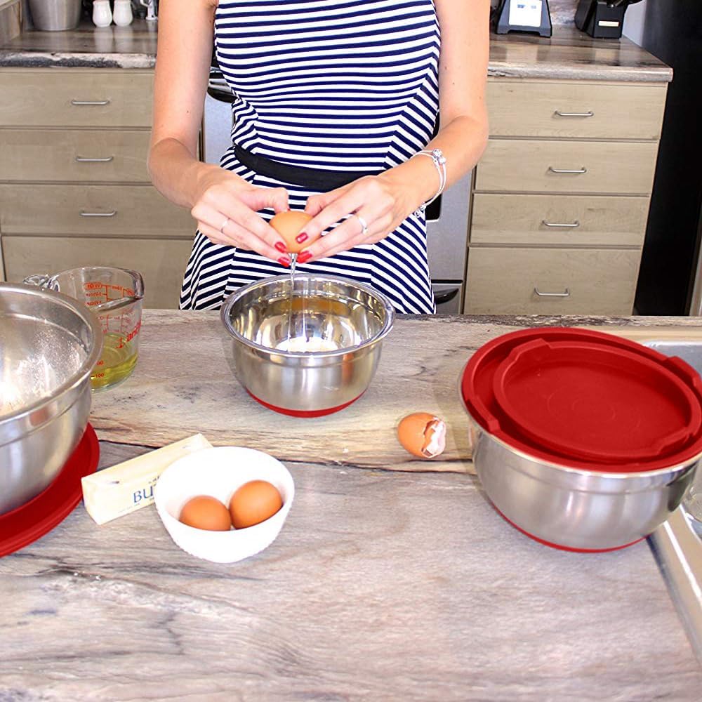 Stainless Steel Mixing Bowls with Lids and Non Slip Bases (Set of 5, Red)