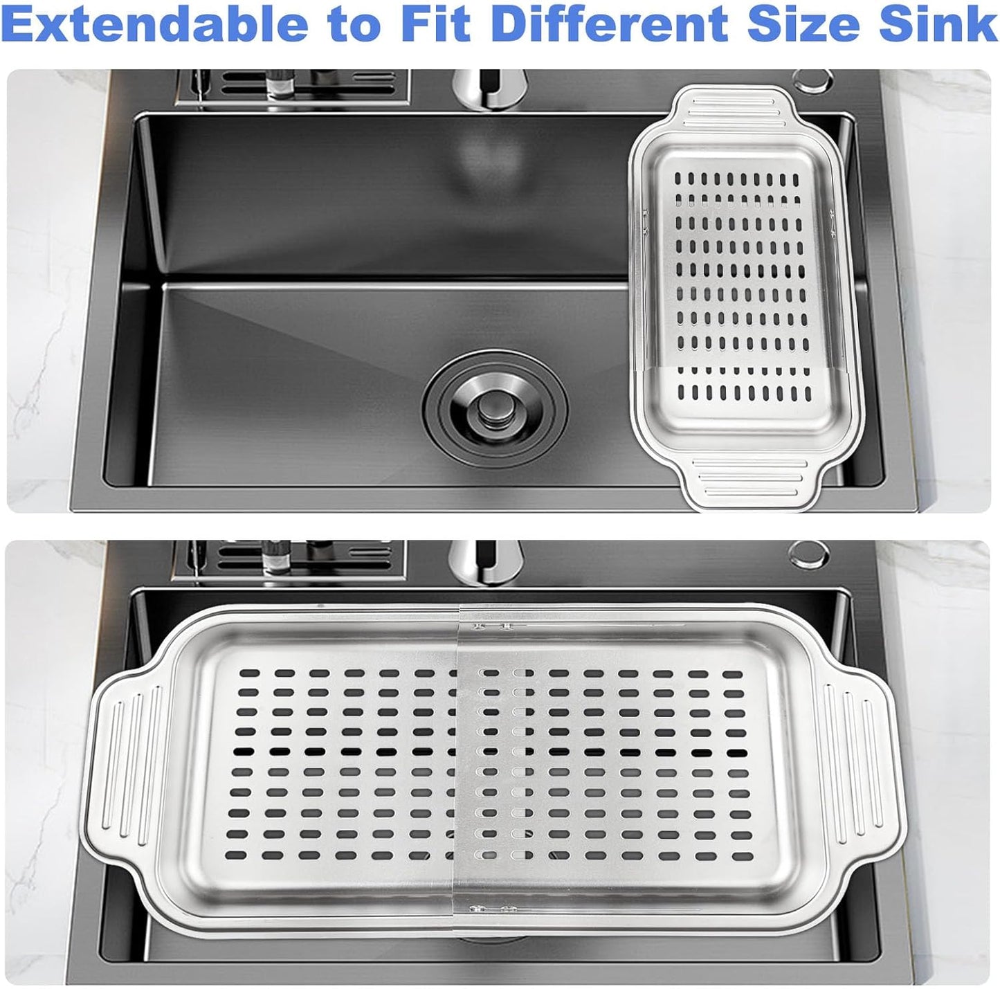 Extendable Over the Sink Colander 13.5-17 in, 304 Stainless Steel Basket for Kitchen– Rust-resistant, Dishwasher Safe for Apartment/RV/Camper, Space-Saving Veggie & Pasta Drainer