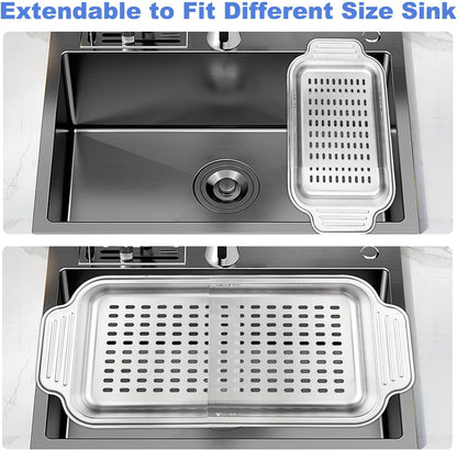 Extendable Over the Sink Colander 13.5-17 in, 304 Stainless Steel Basket for Kitchen– Rust-resistant, Dishwasher Safe for Apartment/RV/Camper, Space-Saving Veggie & Pasta Drainer