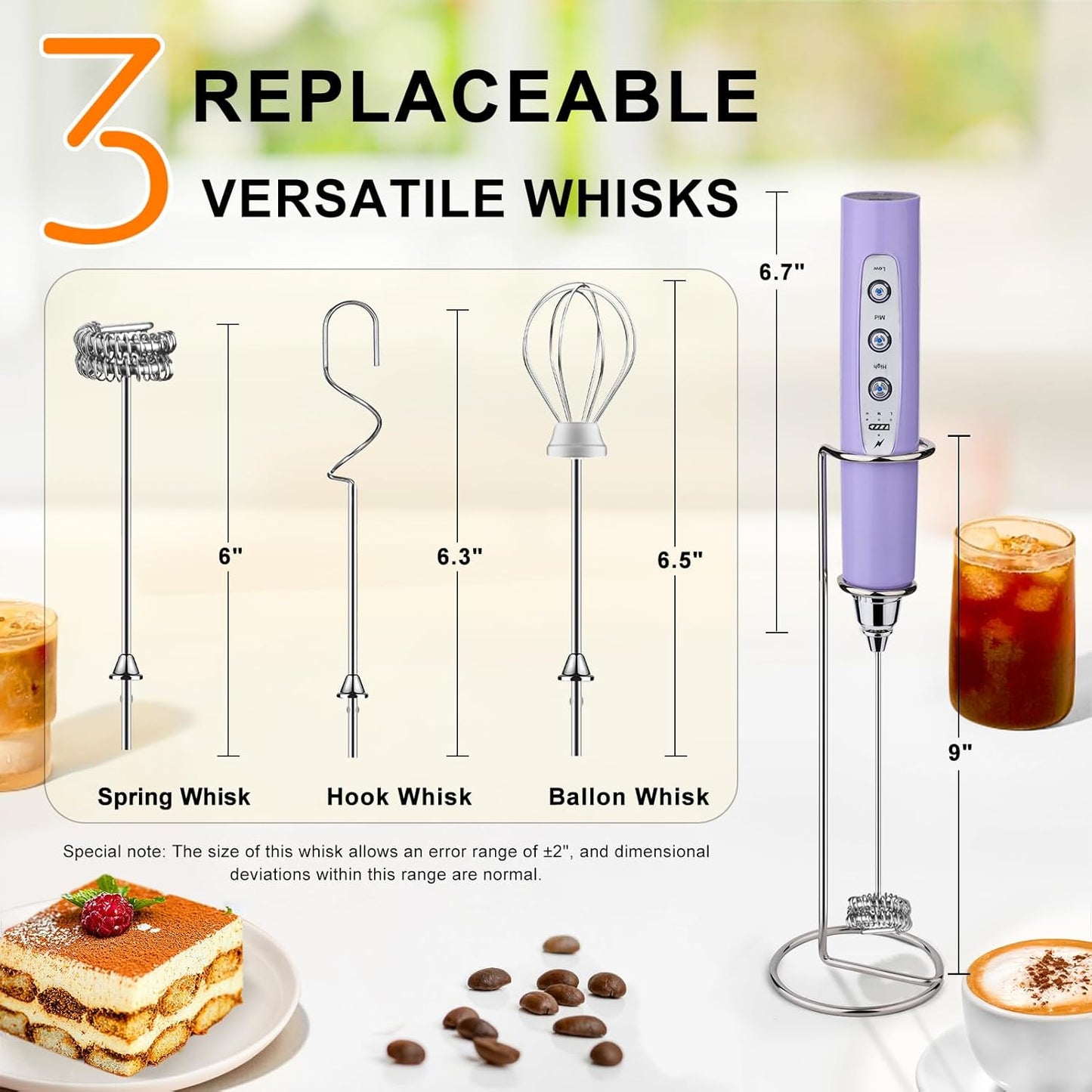 YUSWKO Black Handheld Milk Frother Wand for Coffee, Rechargeable Electric Whisk with 3 Heads 3 Speeds Drink Mixer Coffee Frother For Latte, Cappuccino, Hot Chocolate, Egg