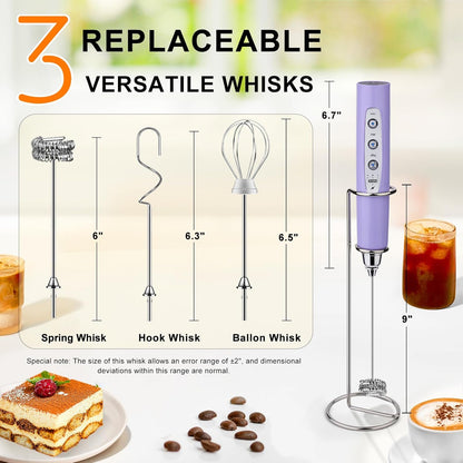 YUSWKO Black Handheld Milk Frother Wand for Coffee, Rechargeable Electric Whisk with 3 Heads 3 Speeds Drink Mixer Coffee Frother For Latte, Cappuccino, Hot Chocolate, Egg