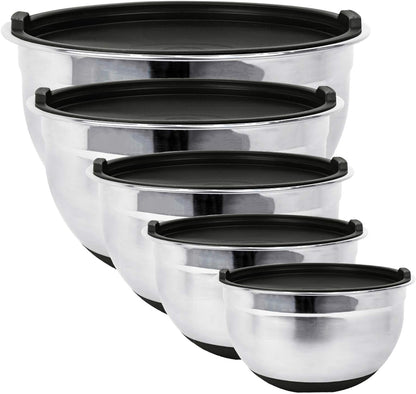 Stainless Steel Mixing Bowls with Lids and Non Slip Bases (Set of 5, Red)