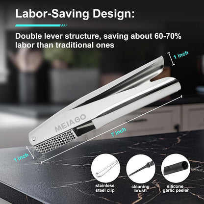Garlic Press, Stainless Steel Garlic & Ginger Crusher, with Built-In Cleaner, Rust Resistant, No Peel, Large Capacity, Easy Clean，Dishwasher Safe，Silver
