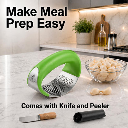 Zulay Kitchen Stainless Steel Garlic Press Rocker Set - Premium Garlic Mincer Garlic Crusher - New Innovative Garlic Crusher with Peeler and Scraper - Comfortable Grip (Black)