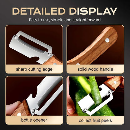 2 in 1 Multifunctional Vegetable Peeler for Kitchen 2 Pcs, Wooden Handle Peeler with Bottle Opener, Kitchen Peelers for Fruit Veggie Pumpkin