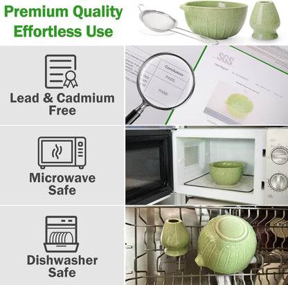 Matcha Whisk Set Ceramic Bowl Kit with Spout, Bamboo Chasen and Holder, Scoop Rest,Sifter Tea Towel Ceremonial Cute Matcha Tea Making Tool,Gift Perfect for Latte Lovers | Beginners,7pcs