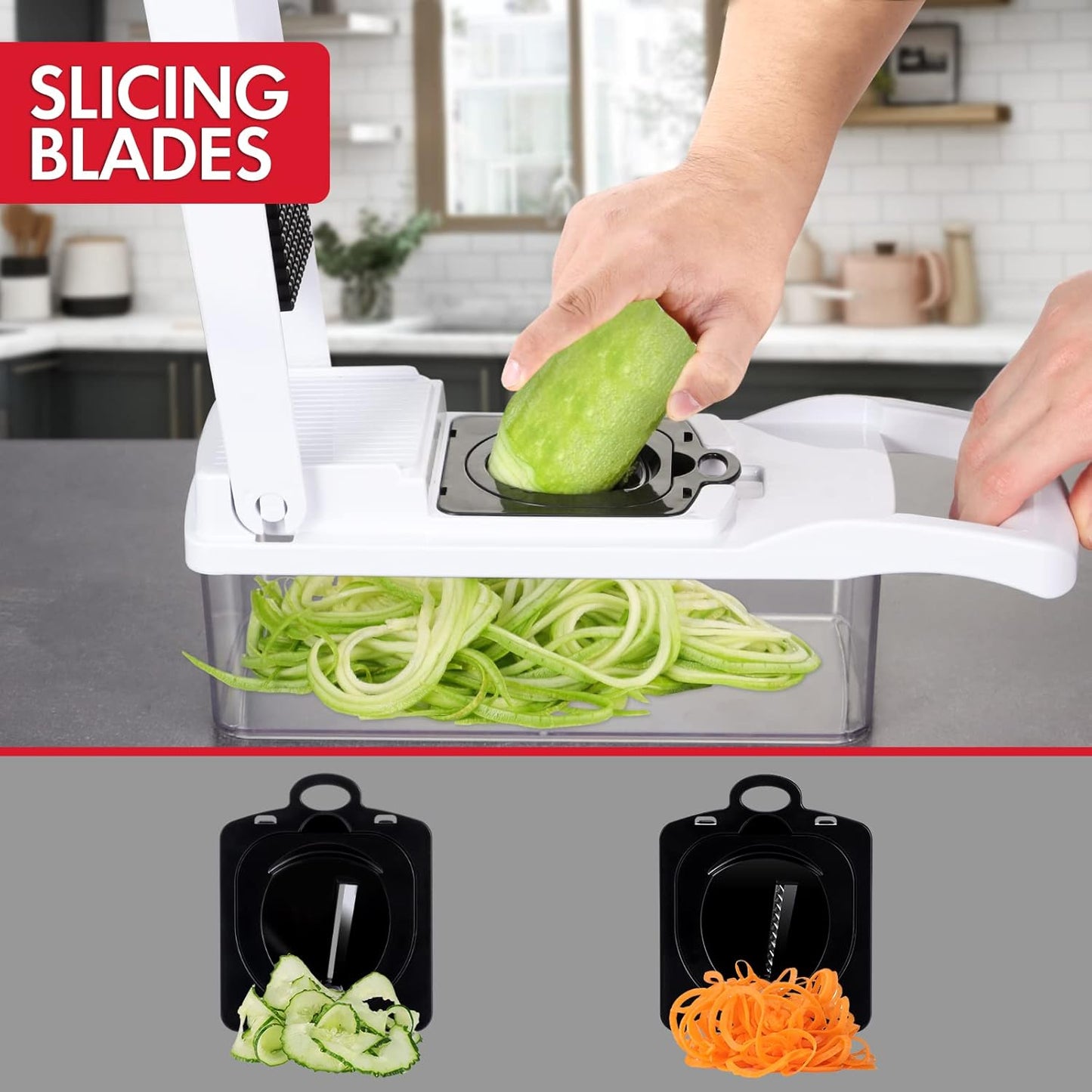 Ourokhome Vegetable Chopper Onion Cutter, 14 in 1 Professional Mandolin Slicer for Kitchen, Multifunctional Food Chopper for Potato, Tomato, Veggie with Strainer Basket, 10 Blades, Gray