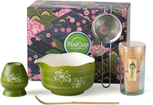 Buucup Matcha Set, Matcha Bowl with Spout, Matcha Whisk and Holder, Bamboo matcha Scoop and Stainless Sifter - 5 Pcs Jade Green Matcha Set Kit for Matcha Lover