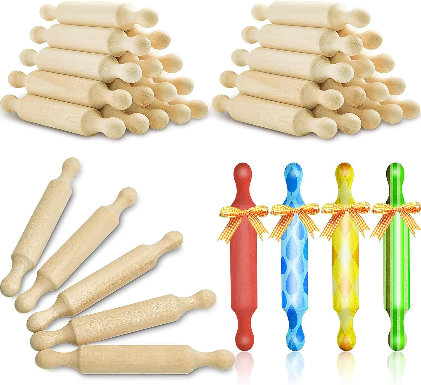 Suclain 20 Pcs Wooden Mini Rolling Pin Long Kitchen Baking Small Dough Rolling Pin for Children Fondant Pastry Pizza Crafting and Imaginative Play for Halloween and Christmas Presents (6 Inches)