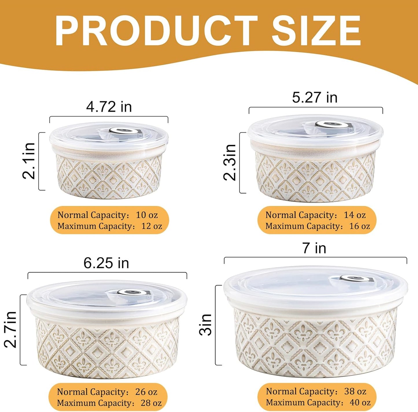 40 Oz Ramekins Ceramic Airtight Bowls Set of 4 - Large Mixing Bowls with Lids Set for Salad, Pho, Soup, Pasta, Dessert, Serving, Oatmeal, Baking Dishes, Dishwasher & Microwave Safe, Beige