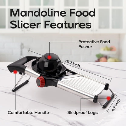 X Home Adjustable Mandoline Slicer for Kitchen, Stainless Steel Food Slicer, Vegetable Slicer for Cucumber, Potato, Carrot, Onion, Cleaning Brush & Food Pusher Included, Easy to Use & Clean