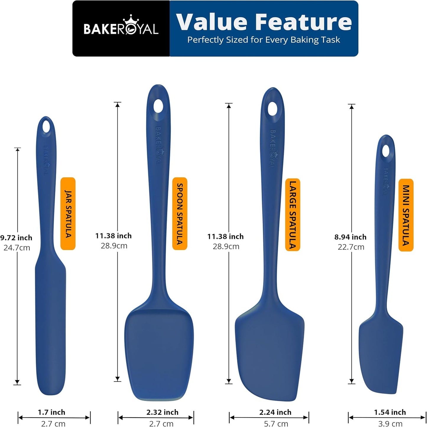 BakeRoyal Silicone Spatula Set - 4-Piece Rubber Spatulas Silicone Heat Resistant 600°F for Everyday Task - Seamless Design Kitchen Spatulas for Nonstick Cookware - Royal Blue