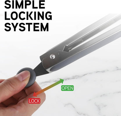 COOK WITH COLOR Stainless Steel Silicone Tipped Kitchen & BBQ Tongs Set, 3 Pc Utensils, Grey