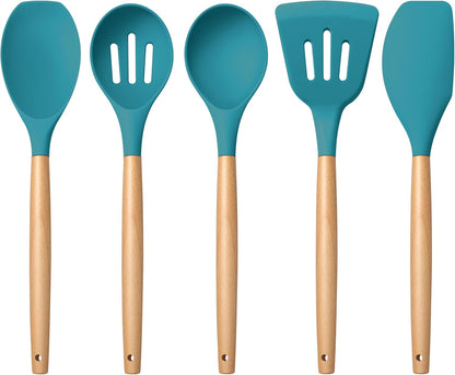 E-far Silicone Cooking Utensils Set, 10-Piece Heat Resistant Kitchen Utensils Set with Wooden Handle for Nonstick Cookware, Kitchen Nonstick Tools Spatula Whisk Tongs Ladle, Non-toxic & Healthy(Khaki)