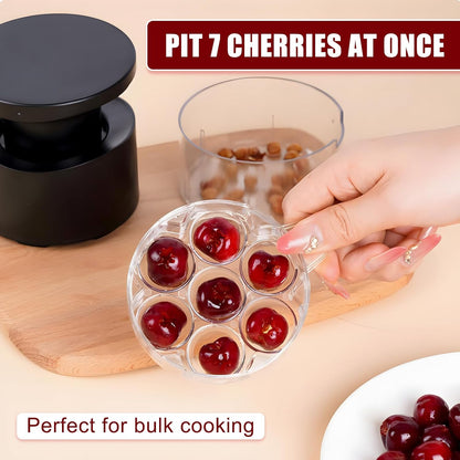 Cherry Pitter Multiple,2025 Quickly Release Multi Cherries Stoner Pitter,7-Hole Push Button Cherr'y Core Pit'ter Tool with Splatter Protector,Pit Seed Remover for Making Cherry Jam, Black