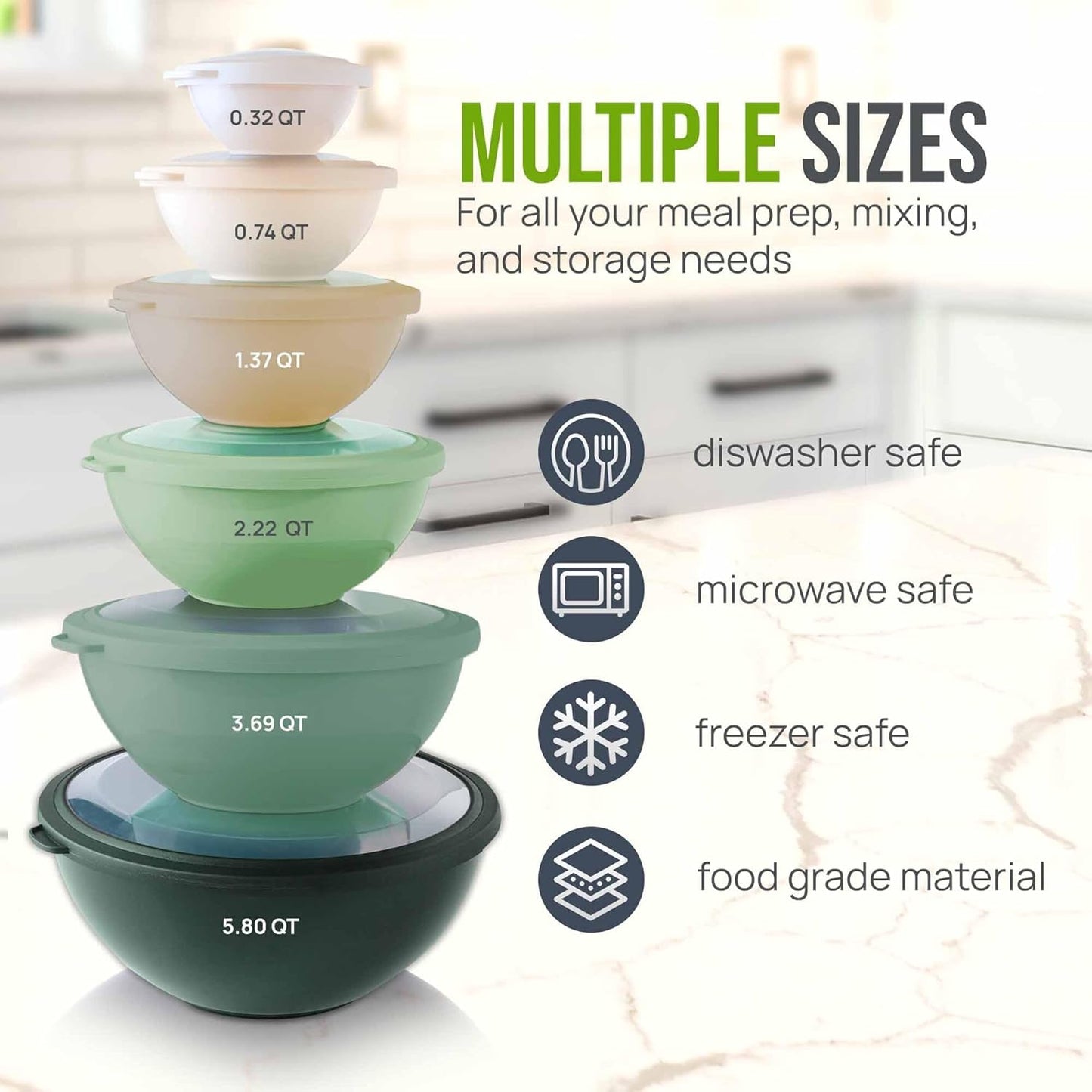 Zulay Kitchen 12 Piece Plastic Mixing Bowls with Lids Set - Leak-Proof Microwave & Freezer Safe Stackable Mixing Bowl Set for Preparing, Serving and Storing - Non-Slip Large Nesting Bowls (Blue Ombre)