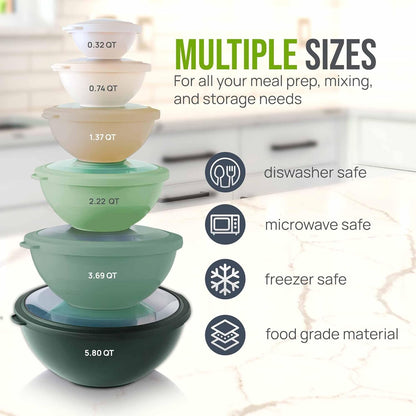 Zulay Kitchen 12 Piece Plastic Mixing Bowls with Lids Set - Leak-Proof Microwave & Freezer Safe Stackable Mixing Bowl Set for Preparing, Serving and Storing - Non-Slip Large Nesting Bowls (Blue Ombre)