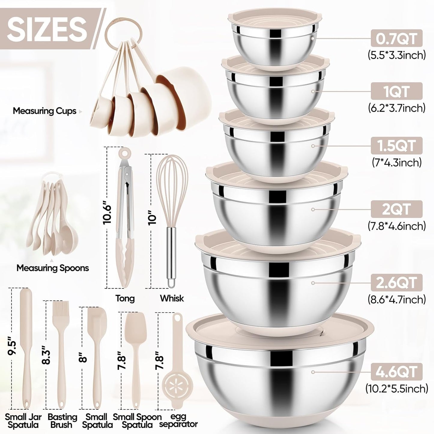 E-far 25PCS Mixing Bowls with Lid Set, Stainless Steel Nesting Prep Bowls with Grater Attachments Non-Slip Bottoms for Cooking, Baking, Serving, Food Storage, 4.6/2.6/2/1.5/1/0.7QT - Blue
